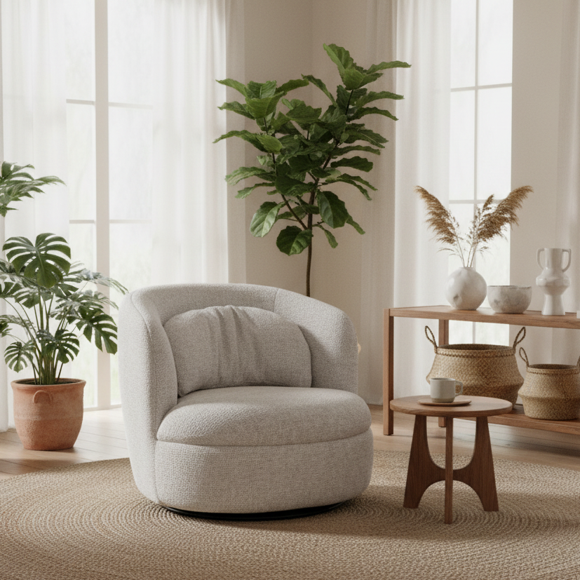 A light beige upholstered accent chair with a matching back cushion, styled in a bright, modern living room with a wooden side table, plants, and a shelving unit.