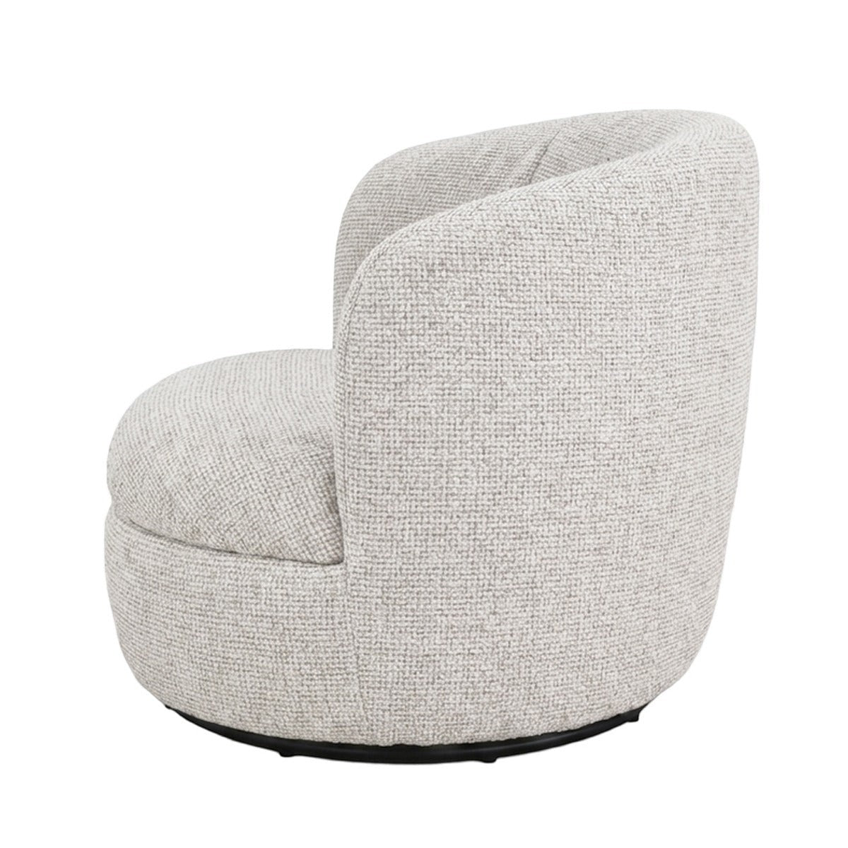 Kayu Living Britt swivel armchair in beige textured fabric with a rounded high-back design, side view.