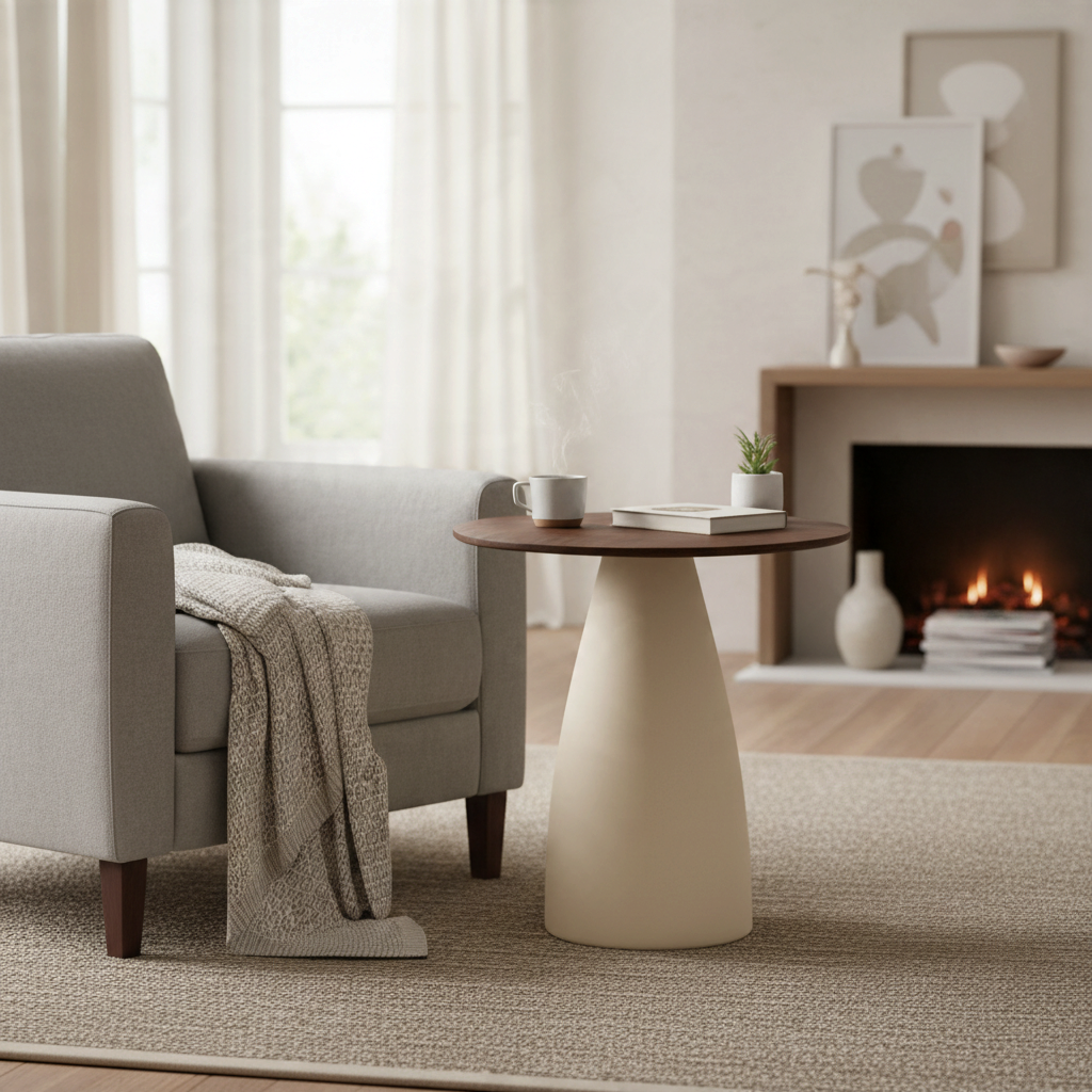 Kayu Living Brix Brown side table with a round hardwood top and ivory steel base next to a grey armchair.