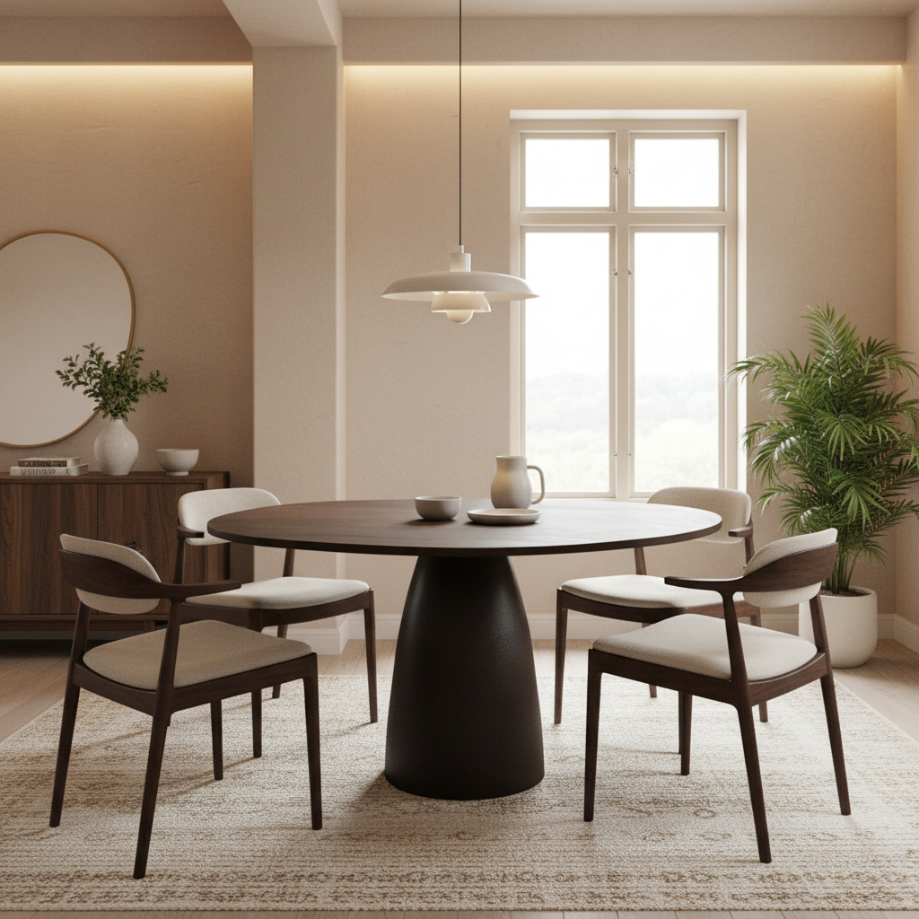 A modern dining room setup featuring a round dark wood table with a thick pedestal base, surrounded by four matching chairs with dark wood frames and light beige upholstered seats. The scene is styled with a white pendant light, a ceramic pitcher, and a large potted plant in a bright, warm-toned room.