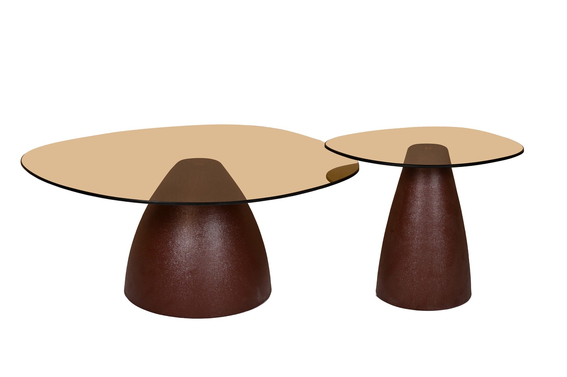 Kayu Living Brix Mylon coffee tables with burgundy steel bases and smoked glass tops in a contemporary design.