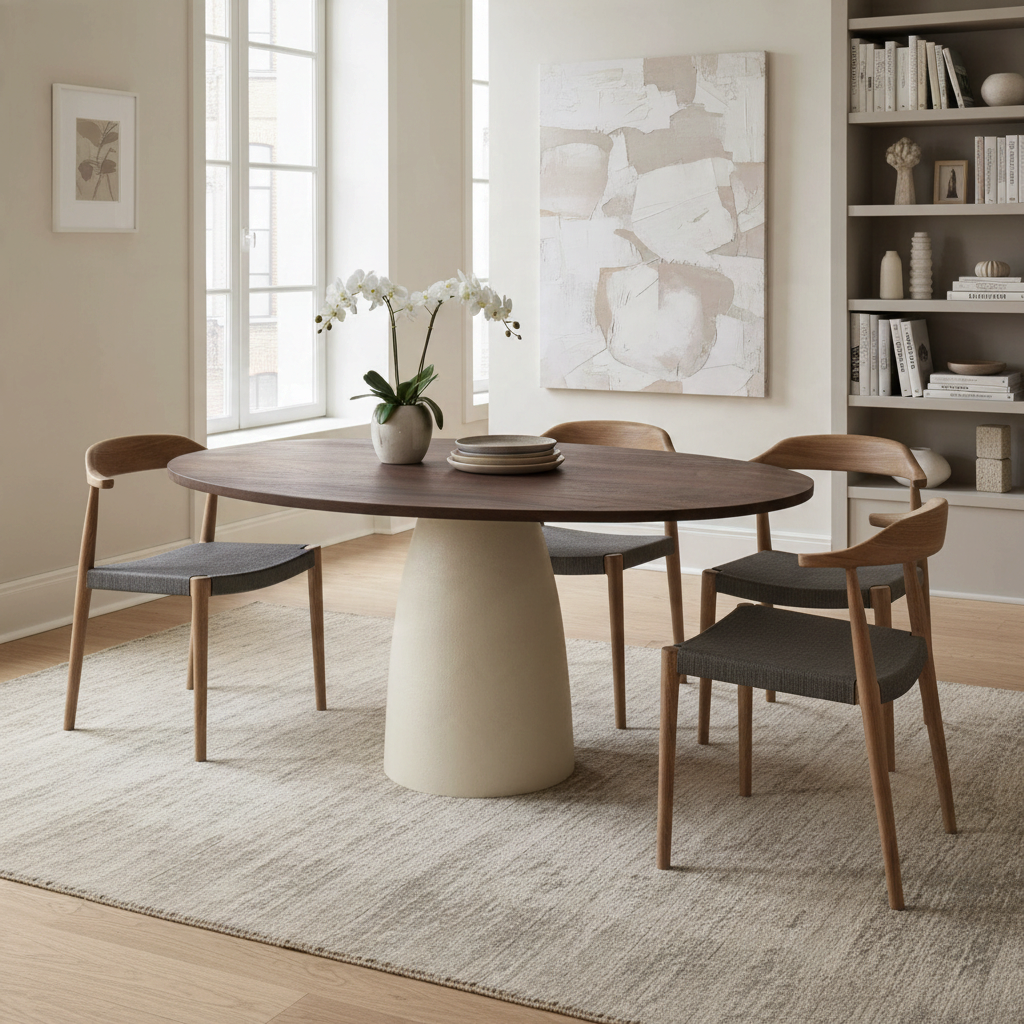 Kayu Living Brix dining table with a brown hardwood oval top and ivory steel pedestal base in a modern dining room.