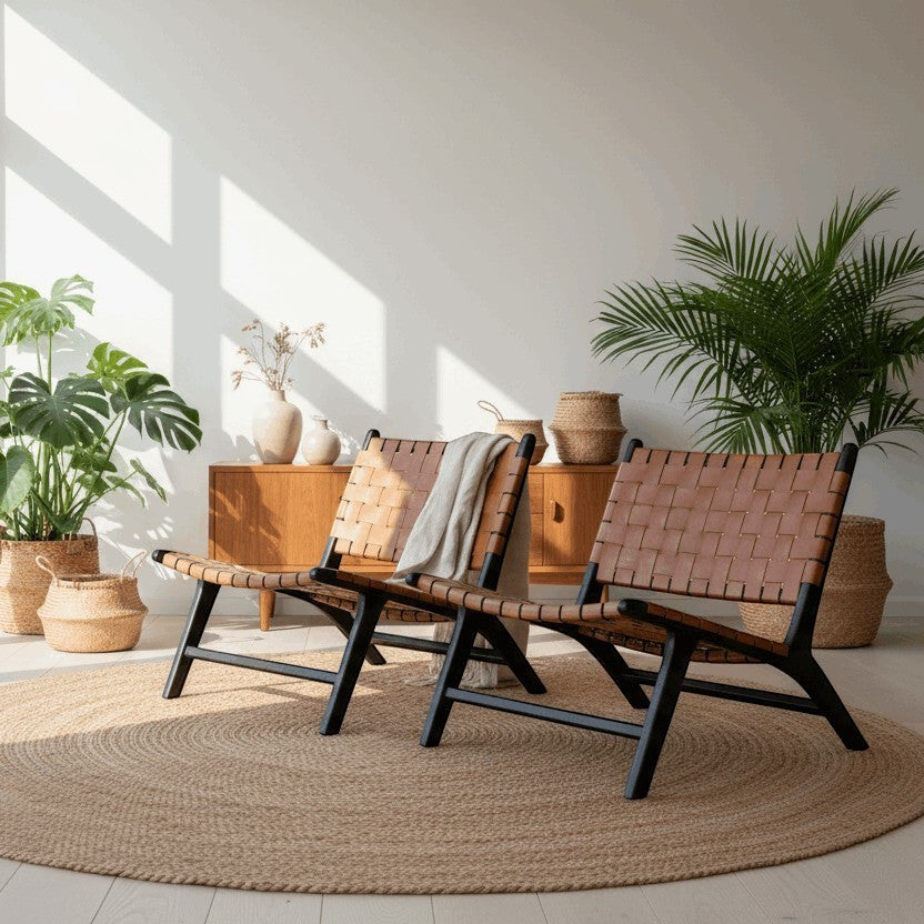 Kayu Living Philippa lounge chair with handwoven brown leather seat and black teak frame. Comfortable for reading or relaxing.