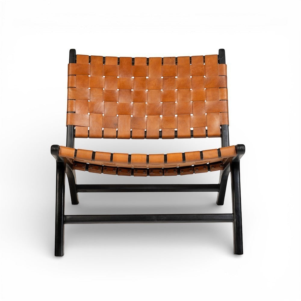 Kayu Living Philippa lounge chair with handwoven brown leather seat and black teak frame. Comfortable and stylish for any room.