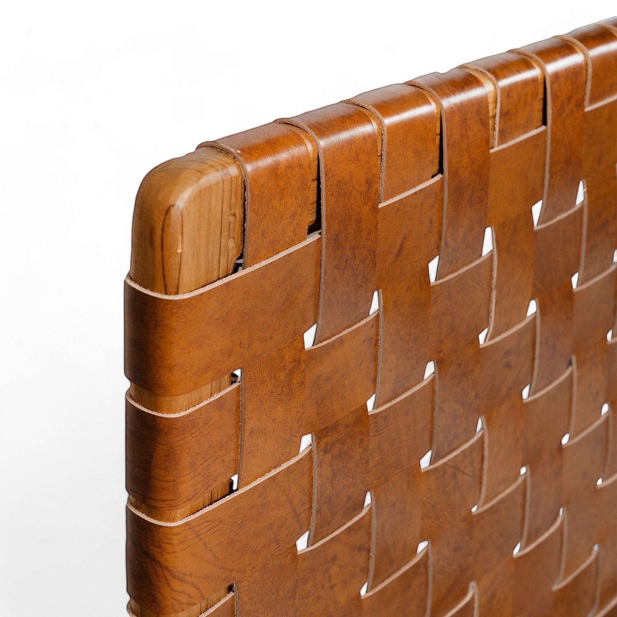 Kayu Living Sanur headboard in brown woven leather with a wooden frame. Features basketweave design and artisanal charm.