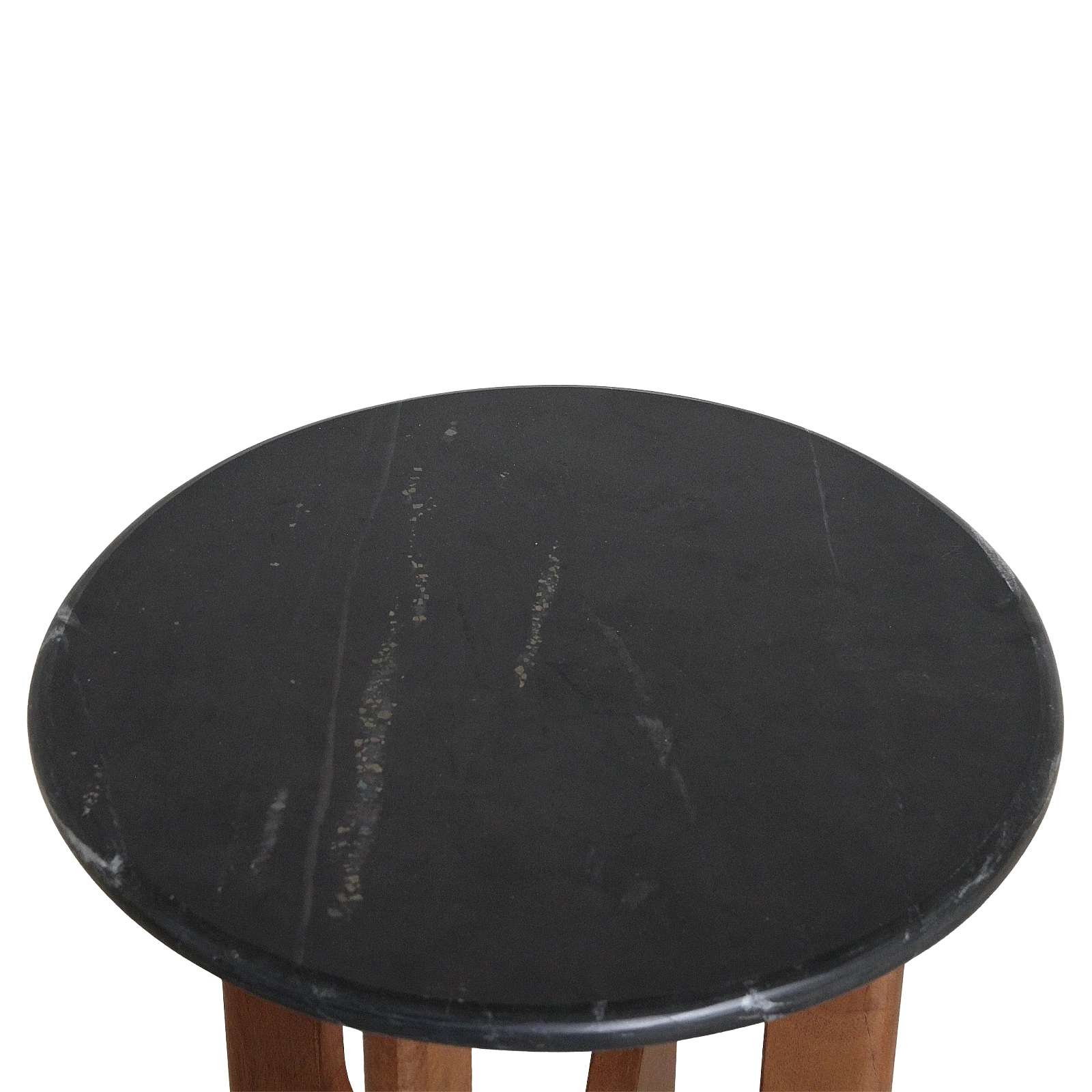 Kayu Living Brunei side table featuring a round black marble top with natural veining on a dark mango wood base.