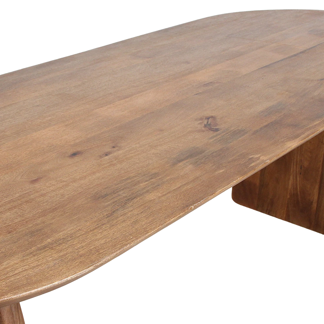 Kayu Living bullnose dining table in natural mango wood with a smooth oval top and visible wood grain texture.