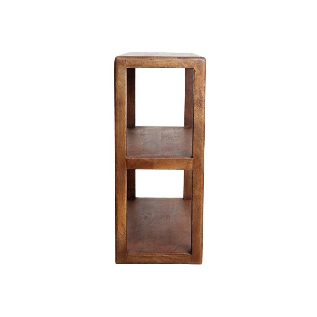 Kayu Living 3-tier bullnose rack made from sustainable mango wood with a natural brown finish, side view.