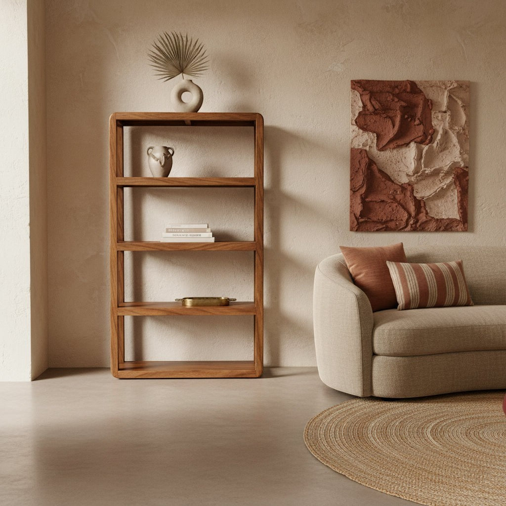 Kayu Living bullnose mango wood shelving unit with five shelves in a minimalist living room setting.