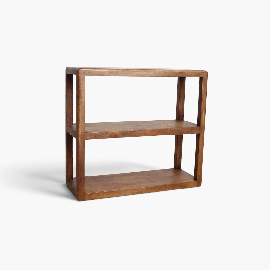 Kayu Living 3-tier bullnose mango wood rack with a natural finish, ideal for books or plants in a modern home.