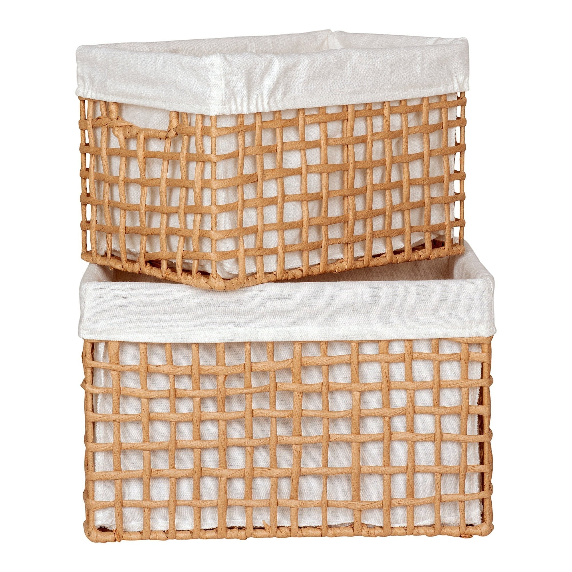 Kayu Living Bustelo Baskets set of two natural woven paper storage bins with white fabric liners and metal frames