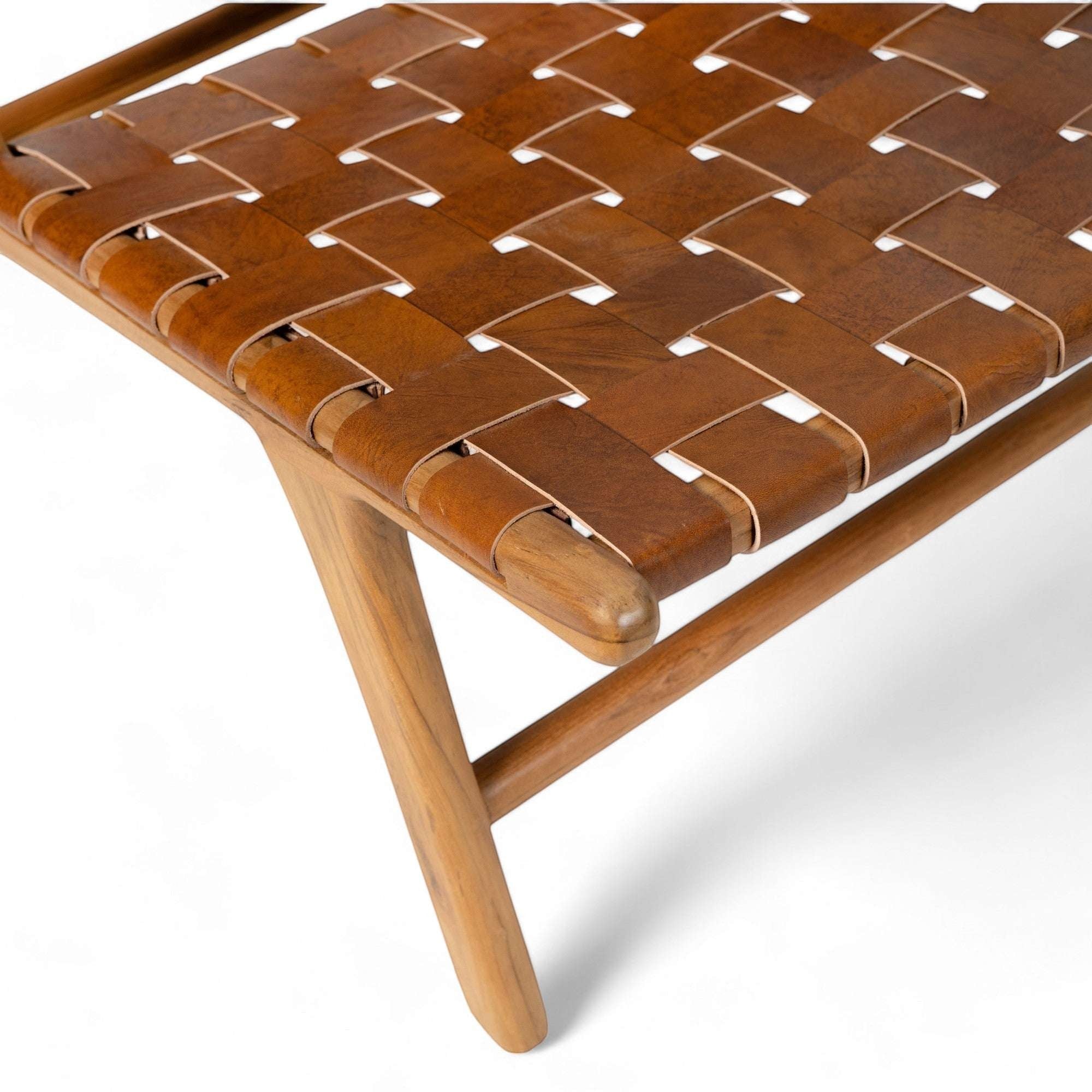 Kayu Living Sanur lounge chair with camel woven leather seat and teak frame.