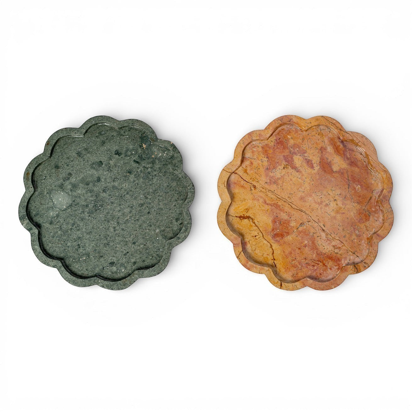Kayu Living Petal Tray in caramel veined onyx stone with wavy edges, inspired by flower petals. Perfect for decorative styling.