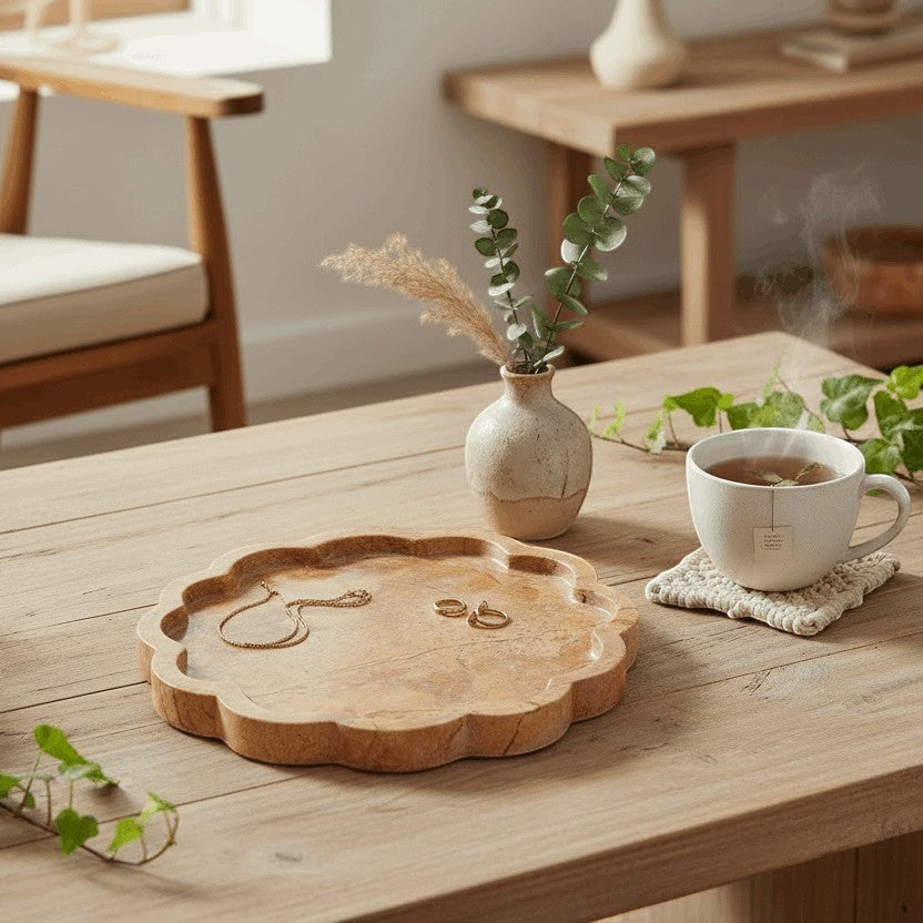 Kayu Living caramel veined onyx petal tray with wavy edges, perfect for jewelry or decor.
