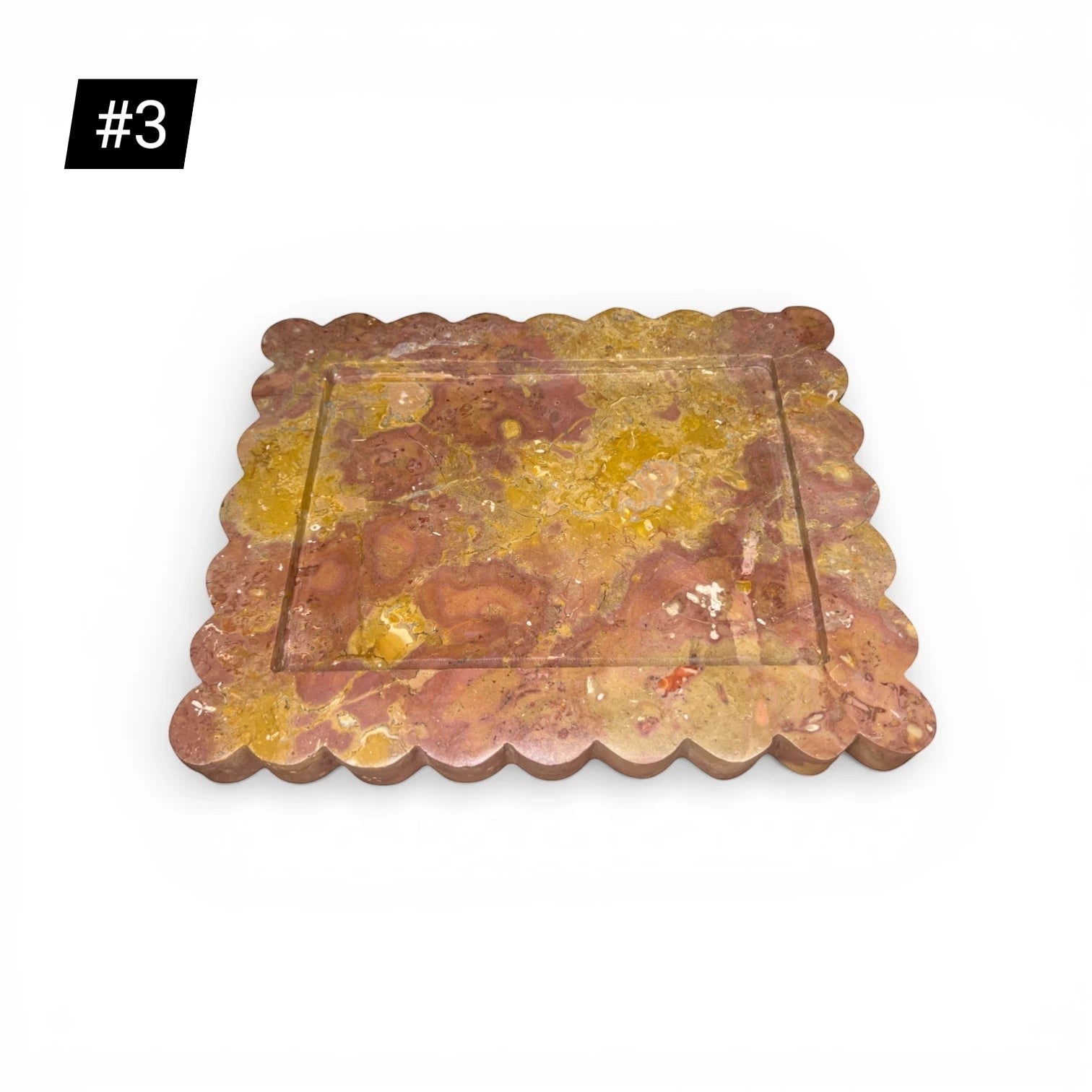 Kayu Living Palazzo tray in caramel veined onyx stone with pink, ochre, and terracotta tones. Scalloped edge design.