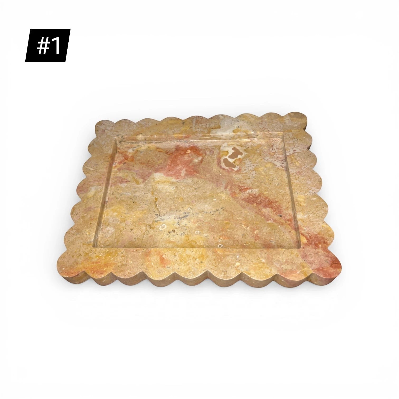 Kayu Living Caramel veined onyx stone tray with scalloped edges and pink, ochre, terracotta marbling. Ideal for coffee tables or vanities.