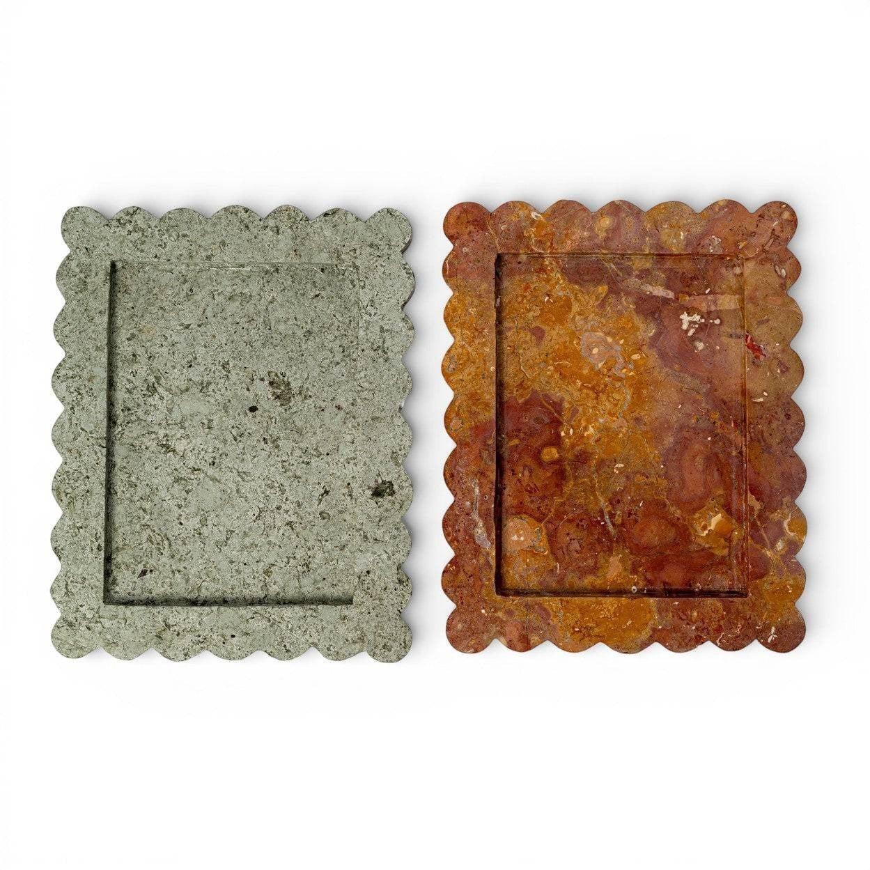 Kayu Living Caramel veined onyx stone tray with scalloped edges, ideal for coffee tables or vanities.