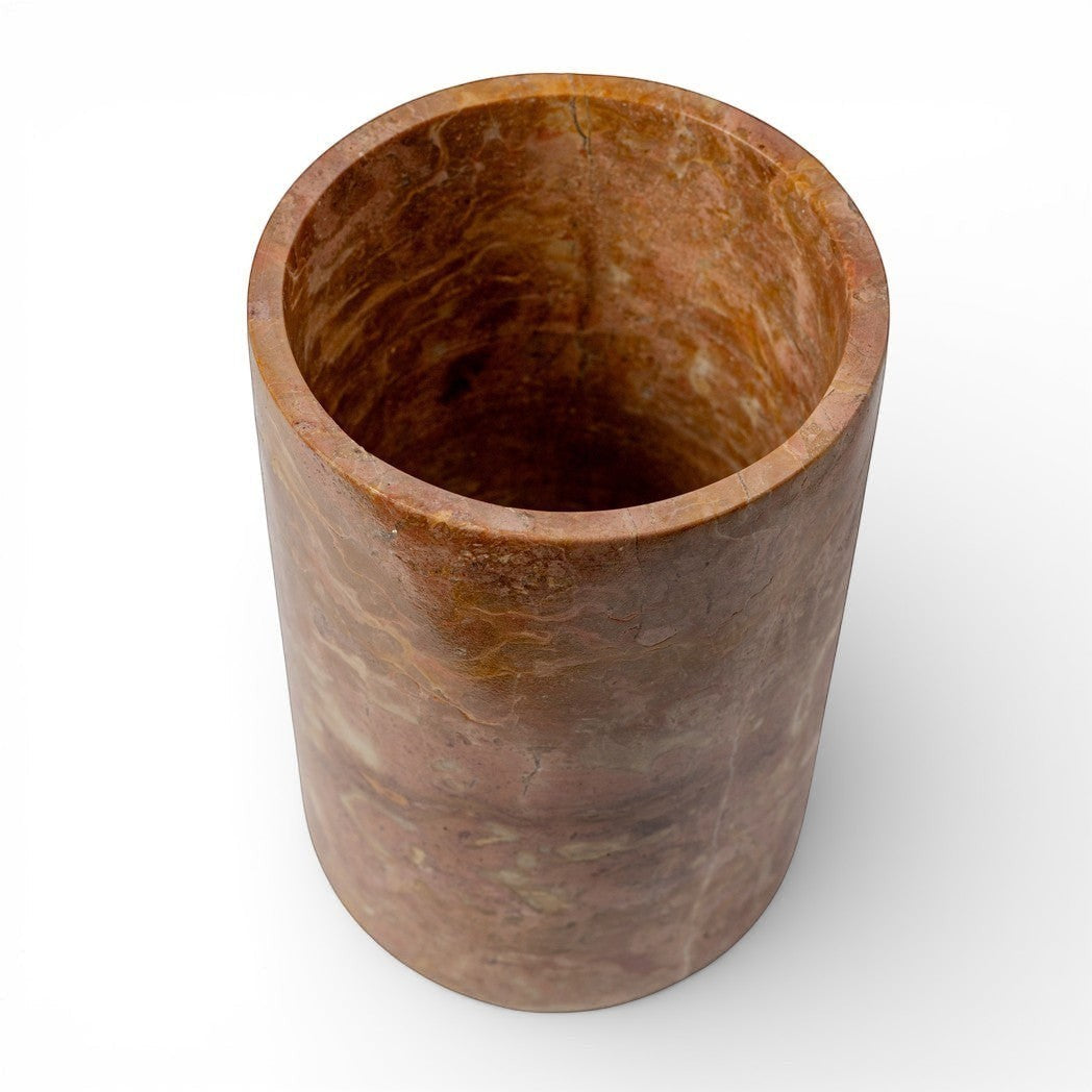 Kayu Living caramel onyx stone wine cooler and vase with unique veining. Handcrafted for dual use.