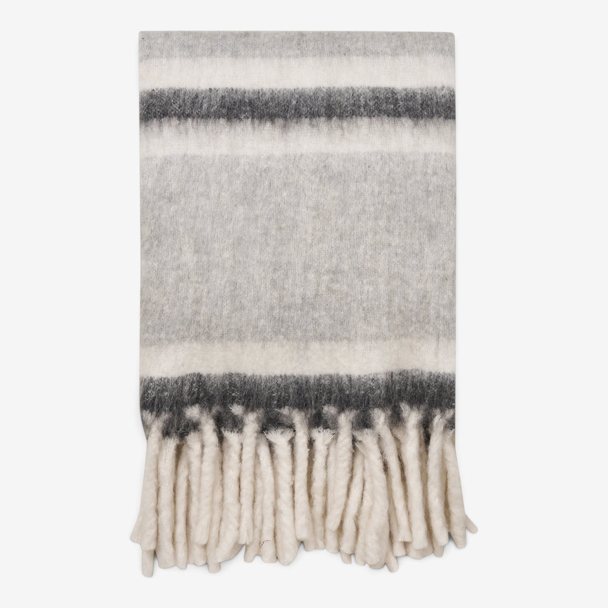 Kayu Living Carmel plaid wool-blend throw in grey and white with thick fringe detail