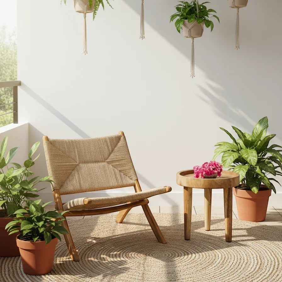 Kayu Living Cemagi foldable lounge chair with handwoven natural rope seat and teak frame, perfect for indoor/outdoor use.