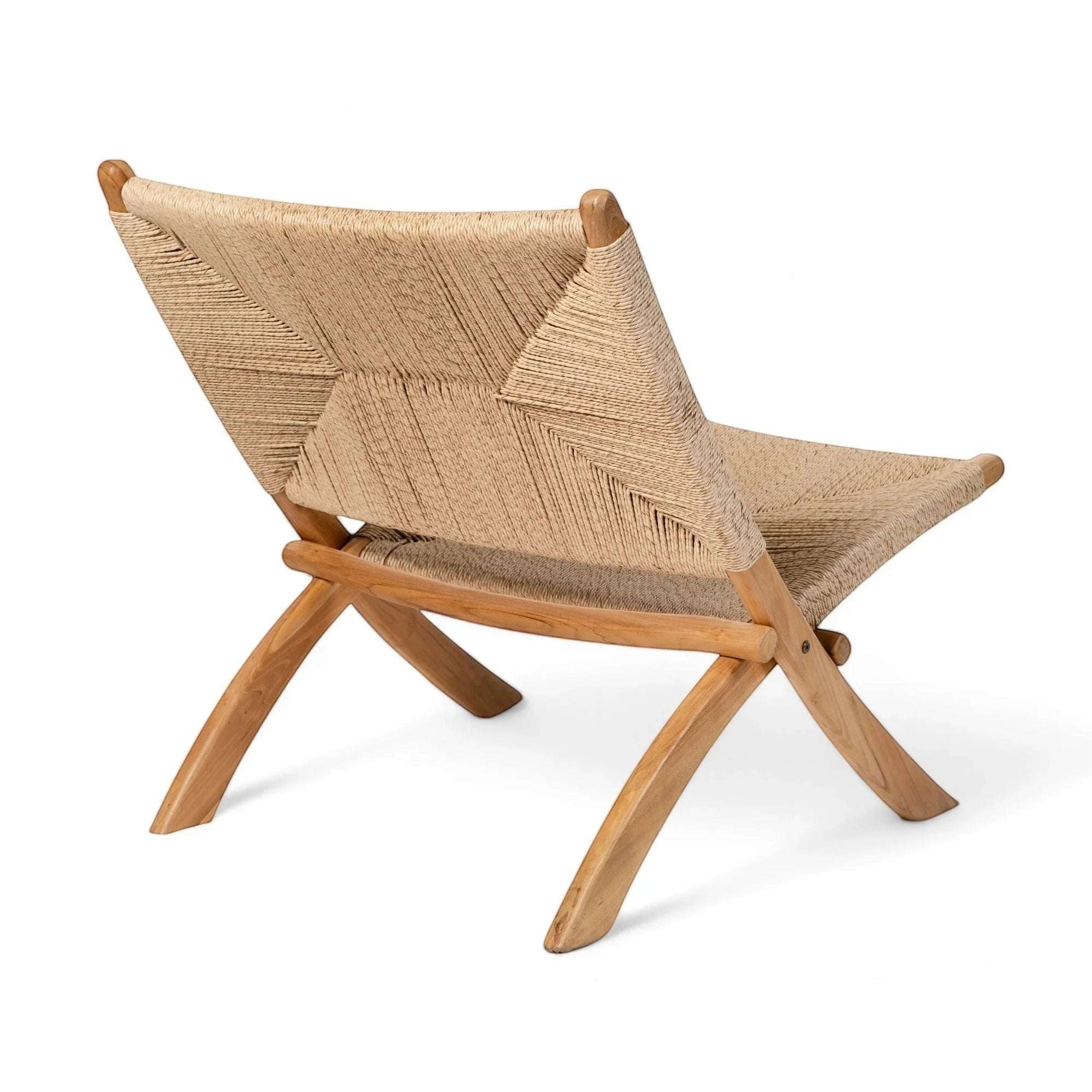 Kayu Living Cemagi foldable lounge chair with natural woven seat and teak frame. Ideal for indoor/outdoor relaxation.
