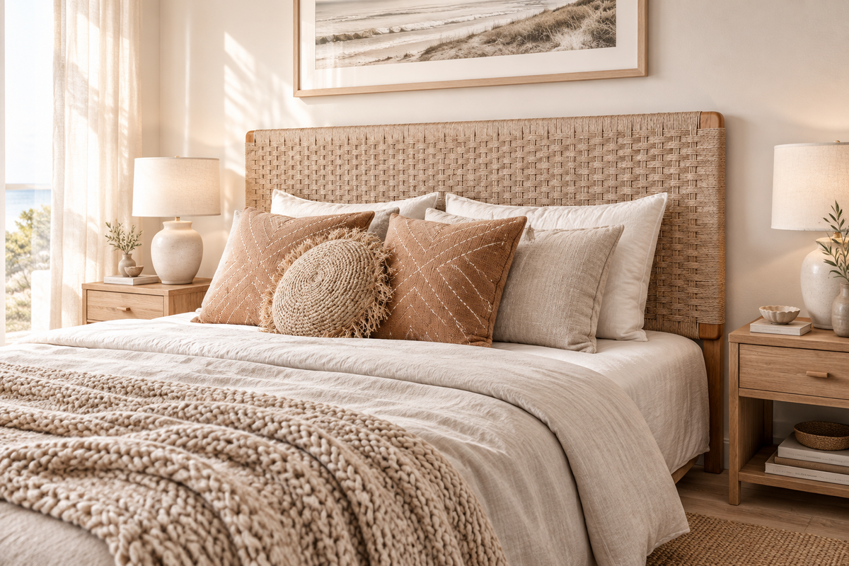 A beautifully styled bed in a warm, neutral-toned bedroom featuring a woven rattan headboard, beige and brown textured pillows, a chunky knit beige throw blanket, and matching bedside tables with lamps.