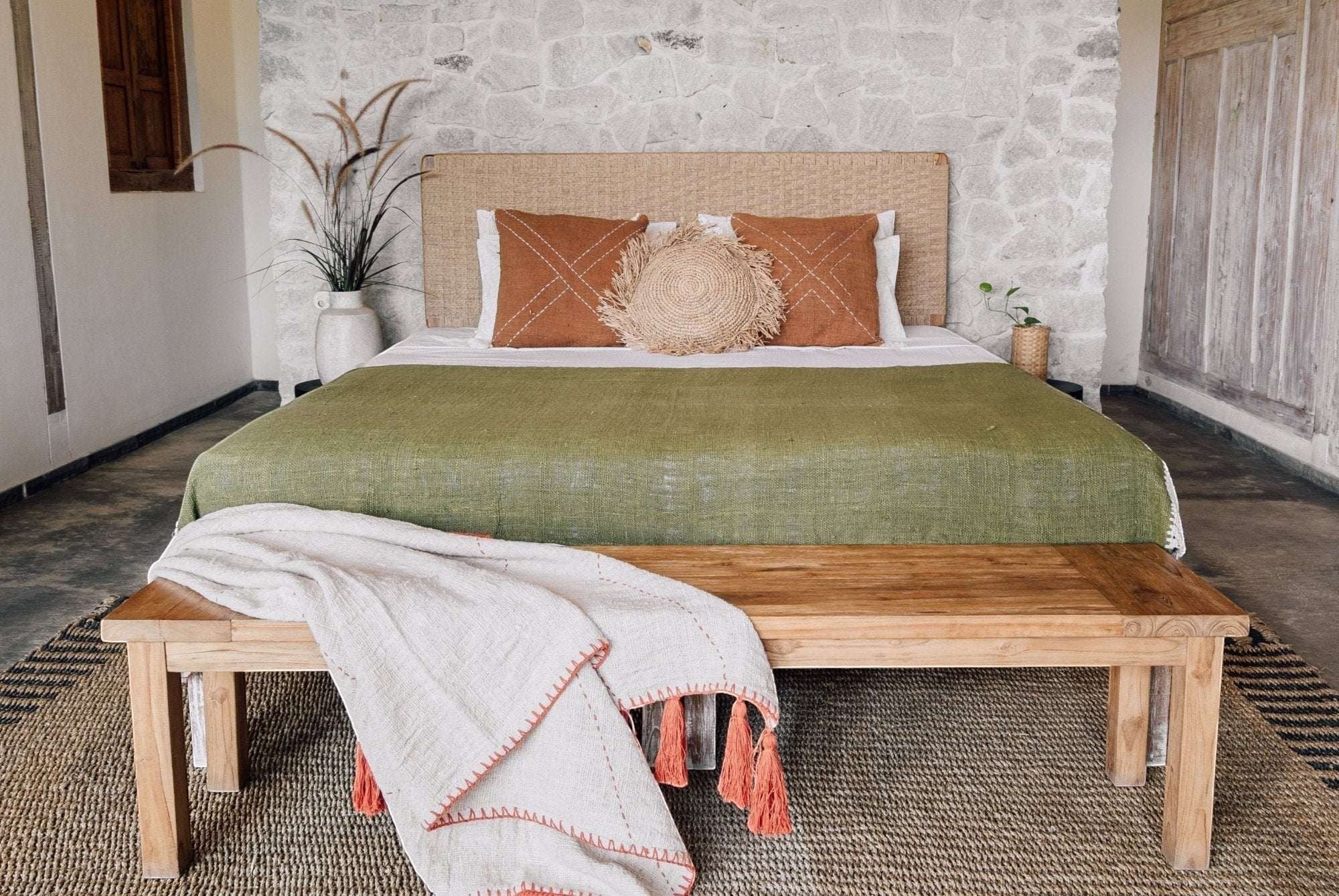 Kayu Living Cemagi handwoven rope headboard with solid teak frame, natural finish, contemporary aesthetic, adds warmth and texture.