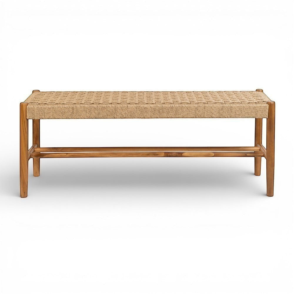 Kayu Living Cemagi 120 cm bench with natural teak frame and woven rope seat. Features a lower shelf for storage.