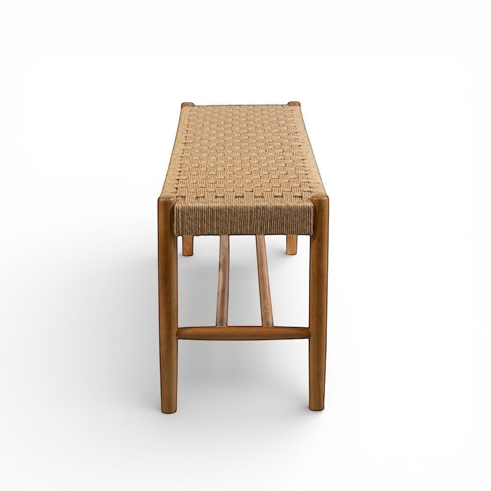 Kayu Living Cemagi 120 cm teak bench with handwoven natural rope seat. Ideal for entryways, balconies, or living spaces.