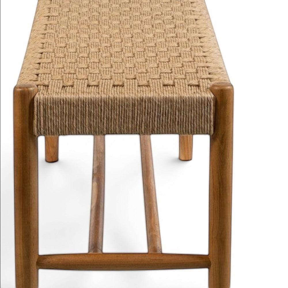 Kayu Living Cemagi 120 cm teak bench with handwoven natural rope seat. Ideal for entryways, balconies, or living spaces.