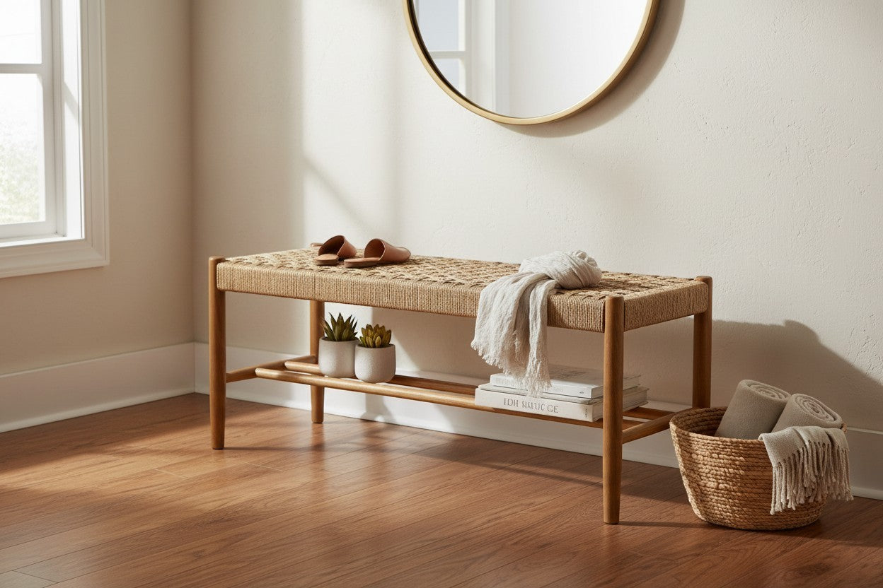 Kayu Living Cemagi 120 cm teak bench with handwoven rope seat and lower shelf for storage.