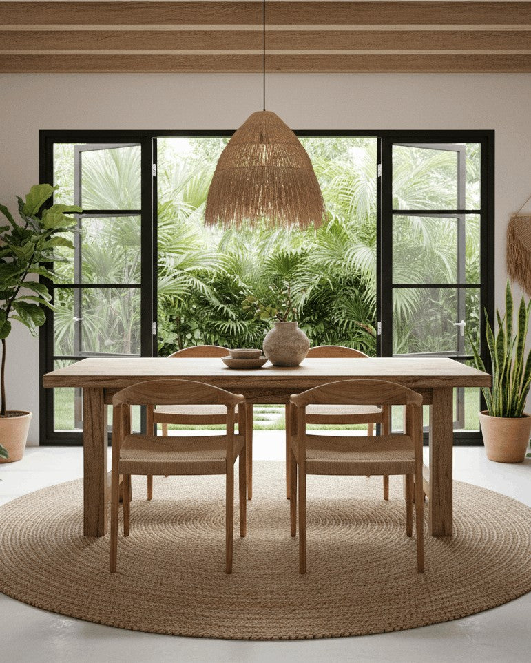 Kayu Living Cemagi chair with teak frame and handwoven rope seat, suitable for indoor/outdoor use.