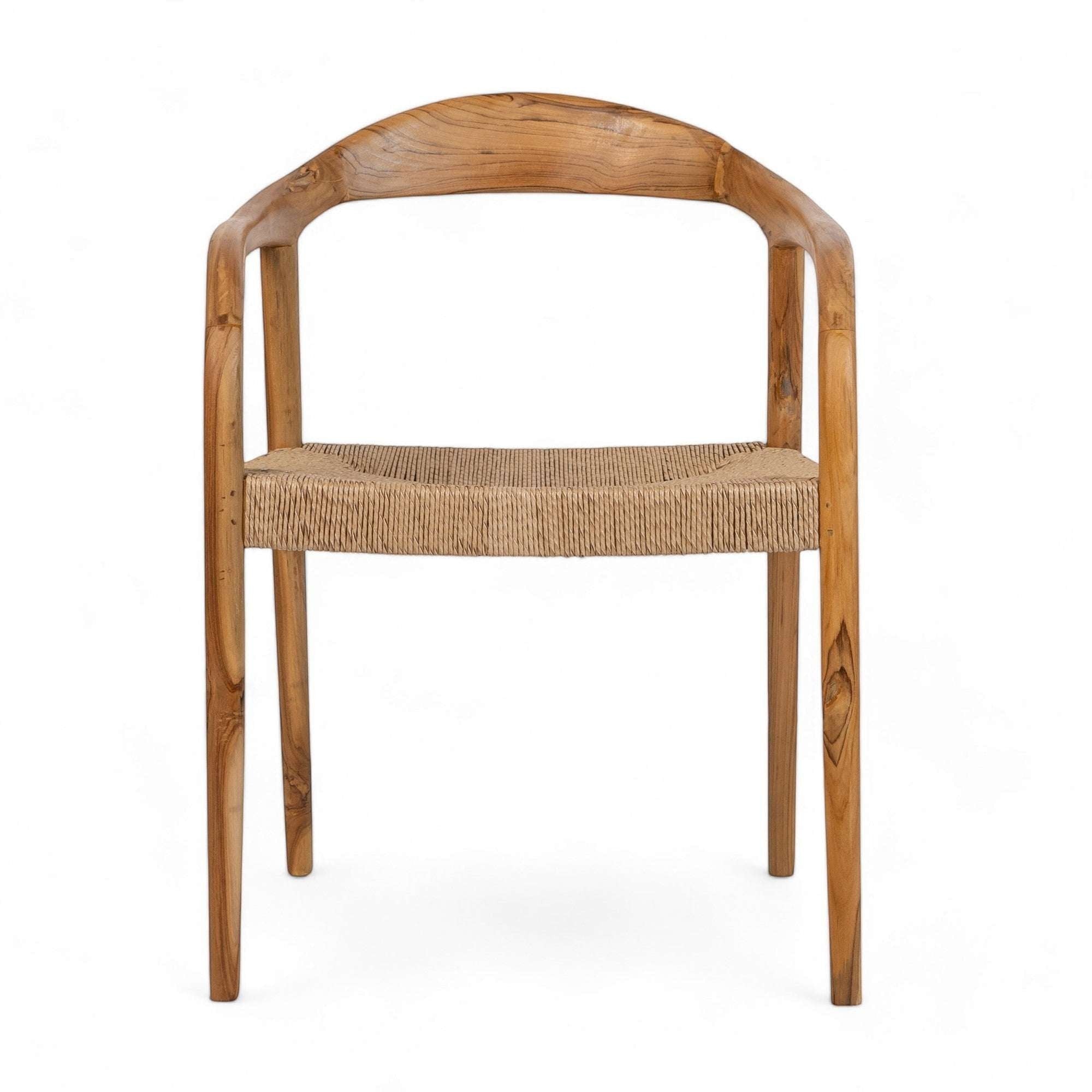 Kayu Living Cemagi chair with curved teak frame and handwoven rope seat, suitable for indoor/outdoor use.