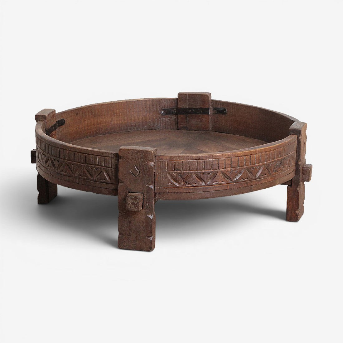 Kayu Living handcrafted round Chakki side table made from recycled hardwood with carved details and a rich patina.
