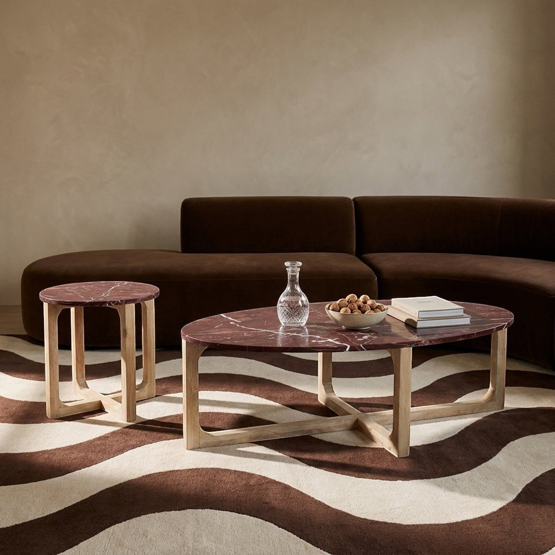 Kayu Living burgundy marble side table with white veins and natural mango-wood cross-leg base in a modern living room