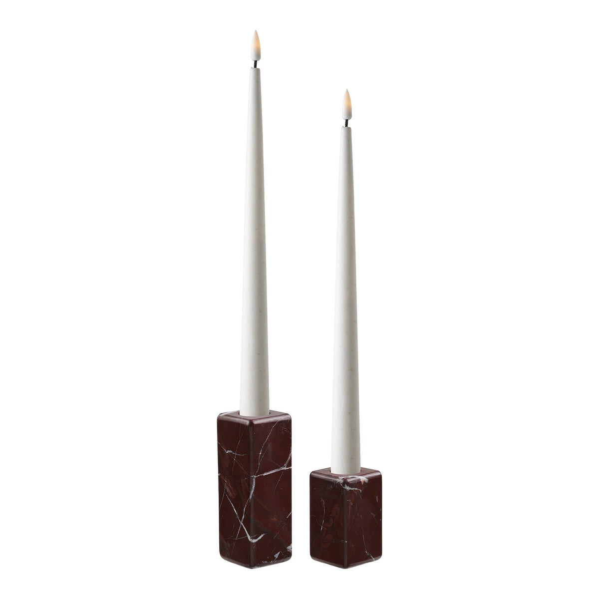 Kayu Living set of two chestnut-red marble candle holders with minimalist square design and white taper candles