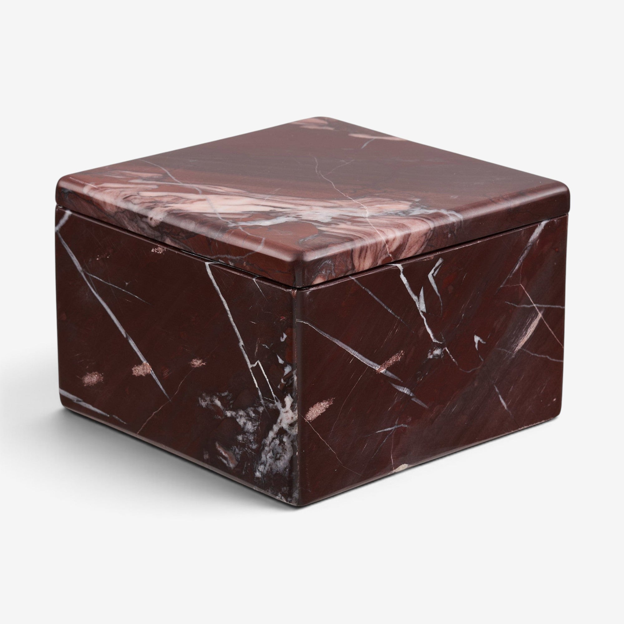 Kayu Living chestnut-red marble jar with a square lid and natural white veining, ideal for home or office storage.