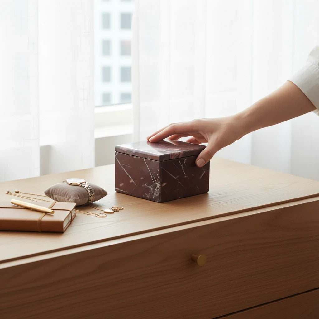 Kayu Living chestnut-red marble jar on a wooden desk with a hand resting on the lid for home or office storage