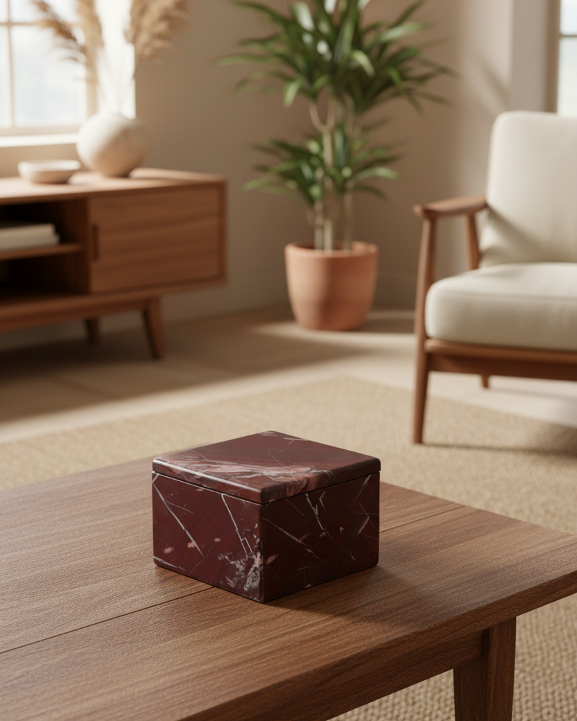 A square dark red marble-patterned storage box sits on a wooden coffee table in a modern, sunlit living room with a chair, sideboard, and potted plant in the background.