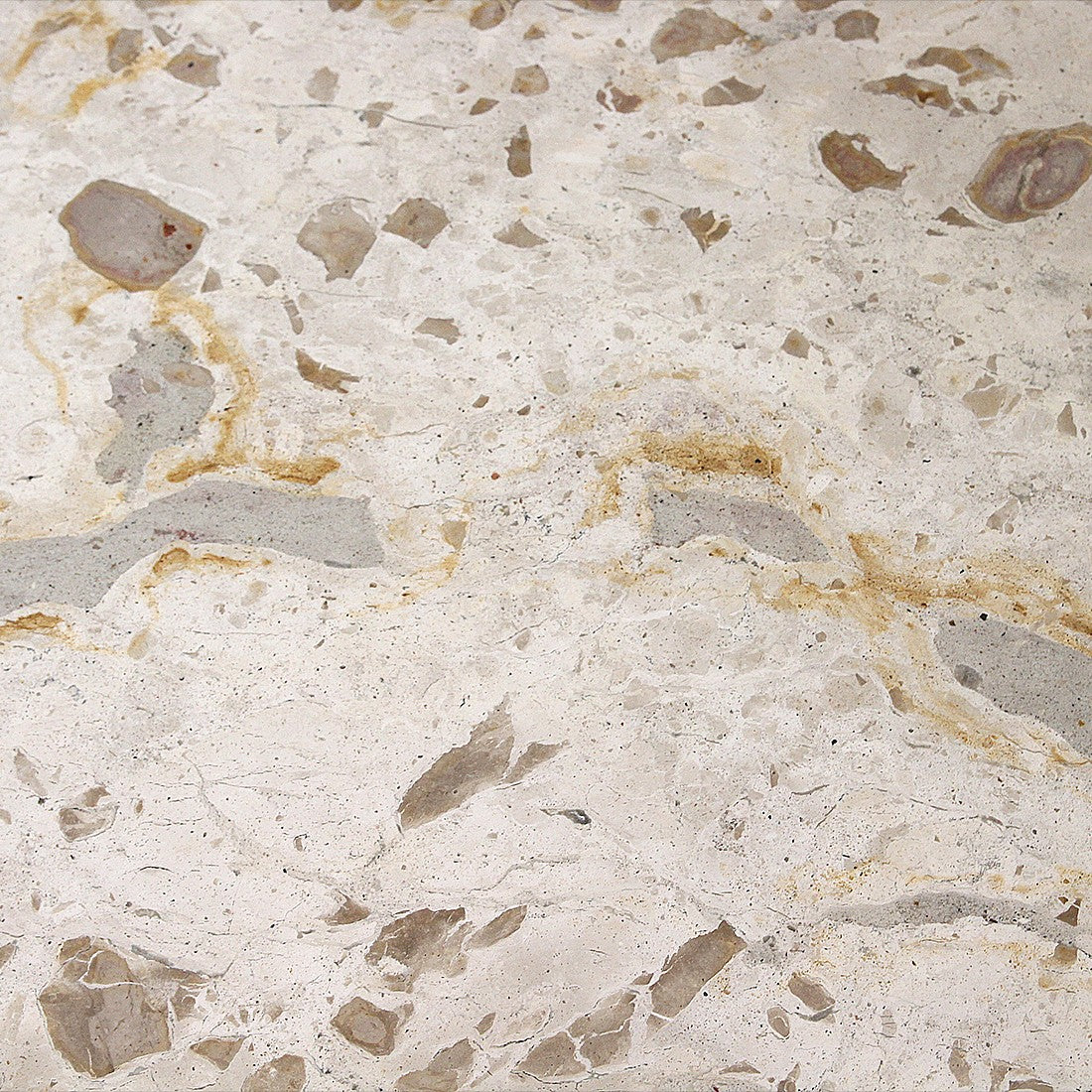 Close-up of Kayu Living cream marble coffee table surface featuring unique natural veining and fossil-like textures.