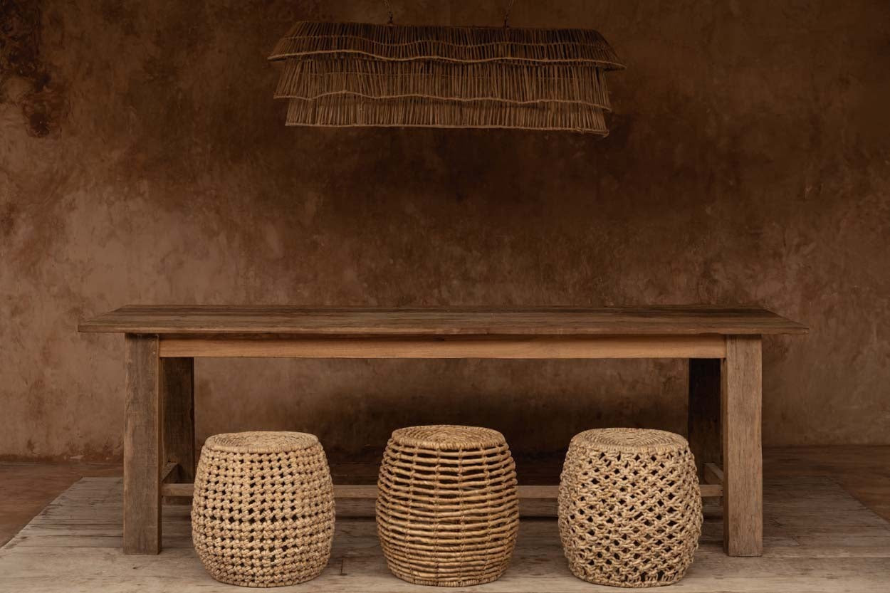 Kayu Living Dannih Stool handcrafted from sustainable banana leaf in a natural boho style for indoor decor.