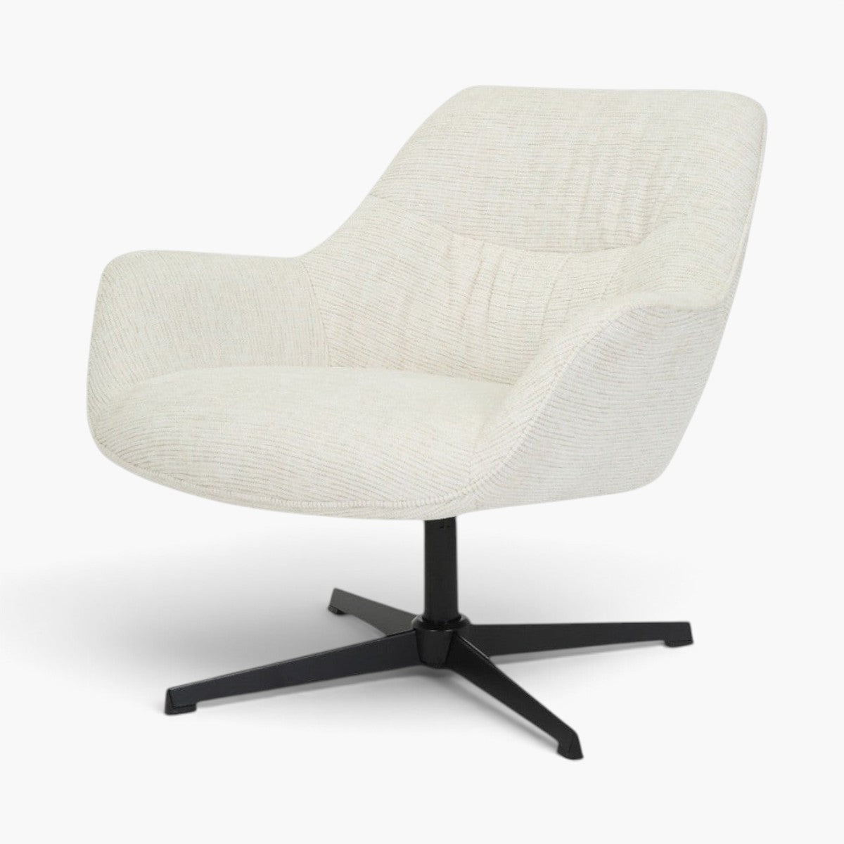 Kayu Living Daphne swivel armchair in sand textured fabric with a modern black metal base