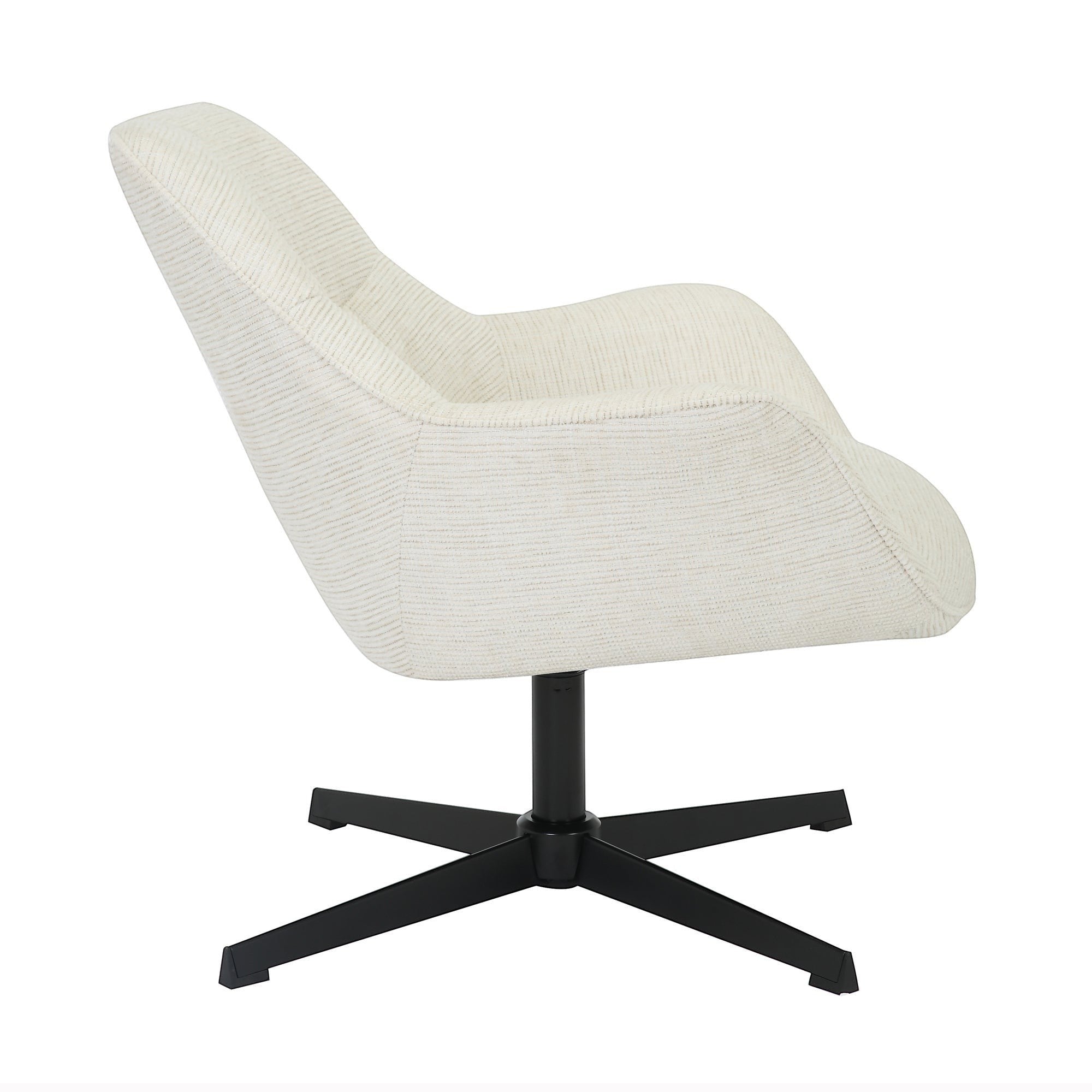 Kayu Living Daphne swivel armchair in sand fabric with a black metal base, side view.