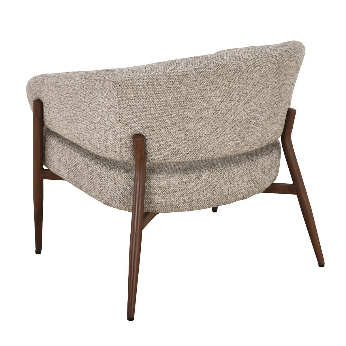 Kayu Living Dilan Hush lounge chair in natural textured fabric with a walnut wood frame, rear view.