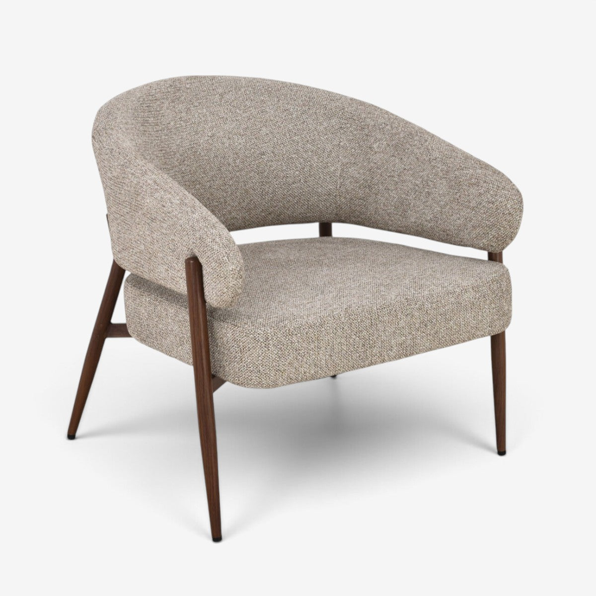 Kayu Living Dilan Hush lounge chair with textured natural upholstery and a curved walnut frame in a modern style.