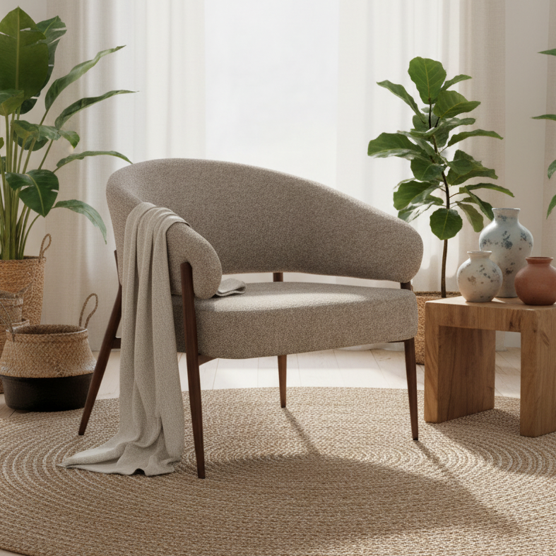 A modern upholstered accent chair in a warm taupe fabric with dark wood legs, styled in a bright room with a draped throw blanket, surrounded by potted plants, a wooden side table, and a woven rug.