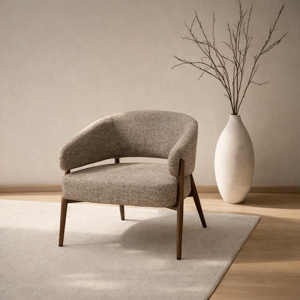 Kayu Living Dilan Hush lounge chair in natural textured fabric with a walnut wood frame in a minimalist room.