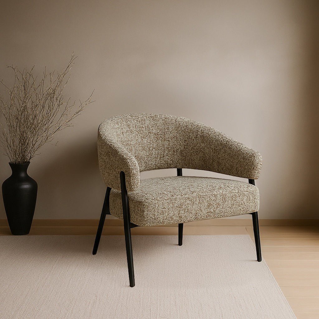 Kayu Living Dilan Venga Liver accent chair with beige textured fabric and sleek black metal legs in a minimalist room