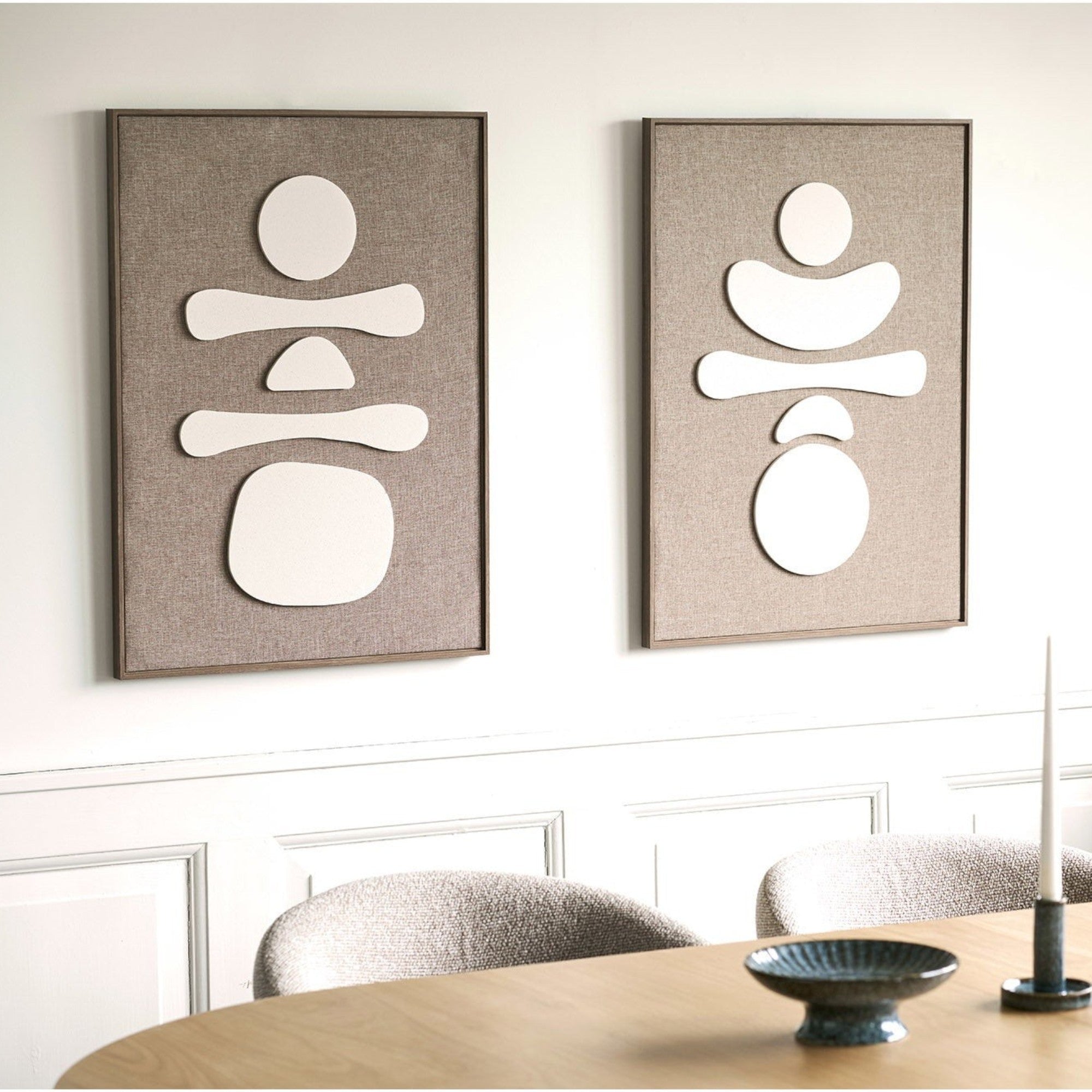 Kayu Living Diva Relief wall art set in brown and beige featuring contemporary abstract shapes on textured fabric