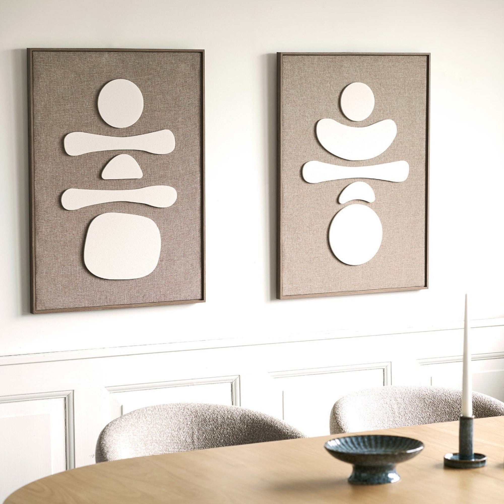 Kayu Living Diva Relief Wall Decoration No.2 set featuring abstract beige embossed shapes on brown textured fabric